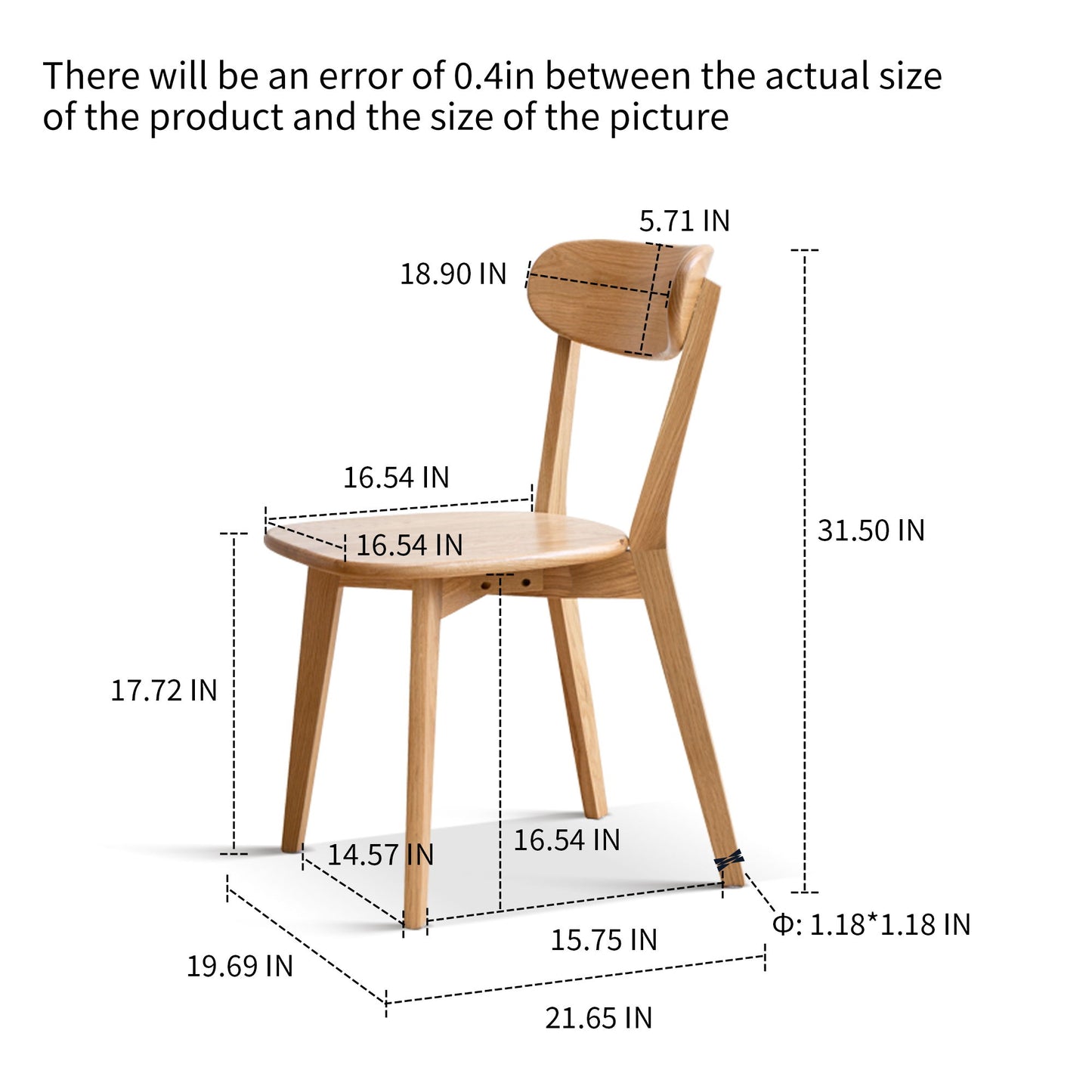 The Simple Dining Chair, Solid Chair Table for Living Room features a wooden frame with seat width 16.54", depth 15.75", seat height 17.72", backrest width 18.90", chair height 31.50", overall width 21.65"; ±0.4" size error noted.