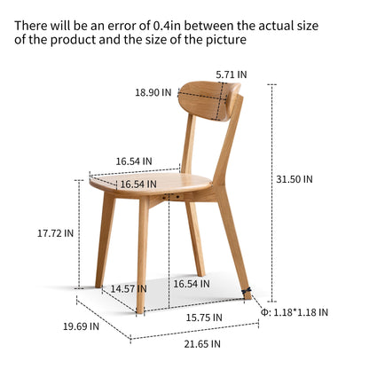 The Simple Dining Chair, Solid Chair Table for Living Room features a wooden frame with seat width 16.54", depth 15.75", seat height 17.72", backrest width 18.90", chair height 31.50", overall width 21.65"; ±0.4" size error noted.