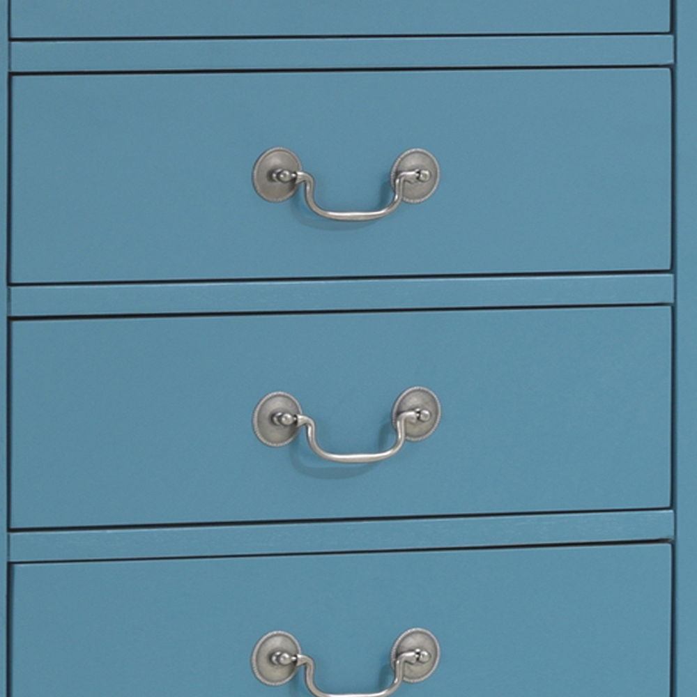 Close-up of three blue drawers with silver handles on the Traditional Style Lingerie Storage Chest Timeless. The drawers are vertically aligned and have a smooth finish, highlighting the chest's classic design.