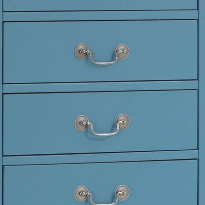 Close-up of three blue drawers with silver handles on the Traditional Style Lingerie Storage Chest Timeless. The drawers are vertically aligned and have a smooth finish, highlighting the chest's classic design.