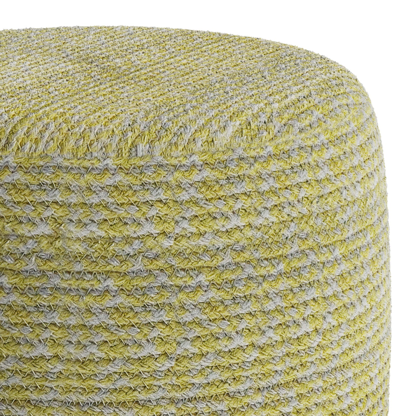 Close-up view of the Bayley - Versatile Round Braided Pouf, featuring a sturdy, textured pattern in yellow and light gray. The thick, tightly braided fabric creates a cozy and durable look.
