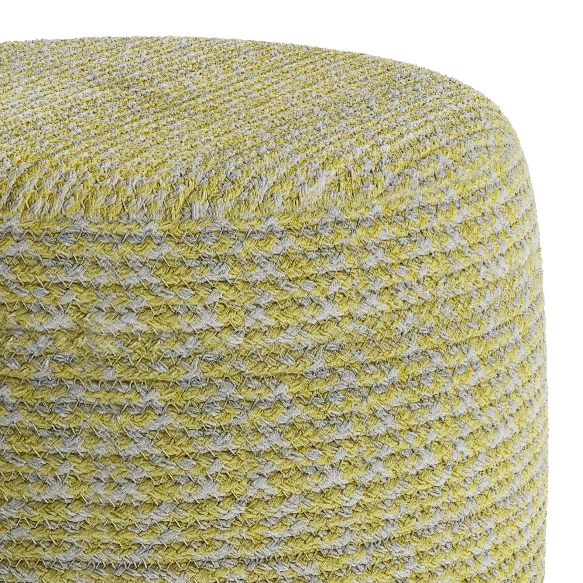 Close-up view of the Bayley - Versatile Round Braided Pouf, featuring a sturdy, textured pattern in yellow and light gray. The thick, tightly braided fabric creates a cozy and durable look.