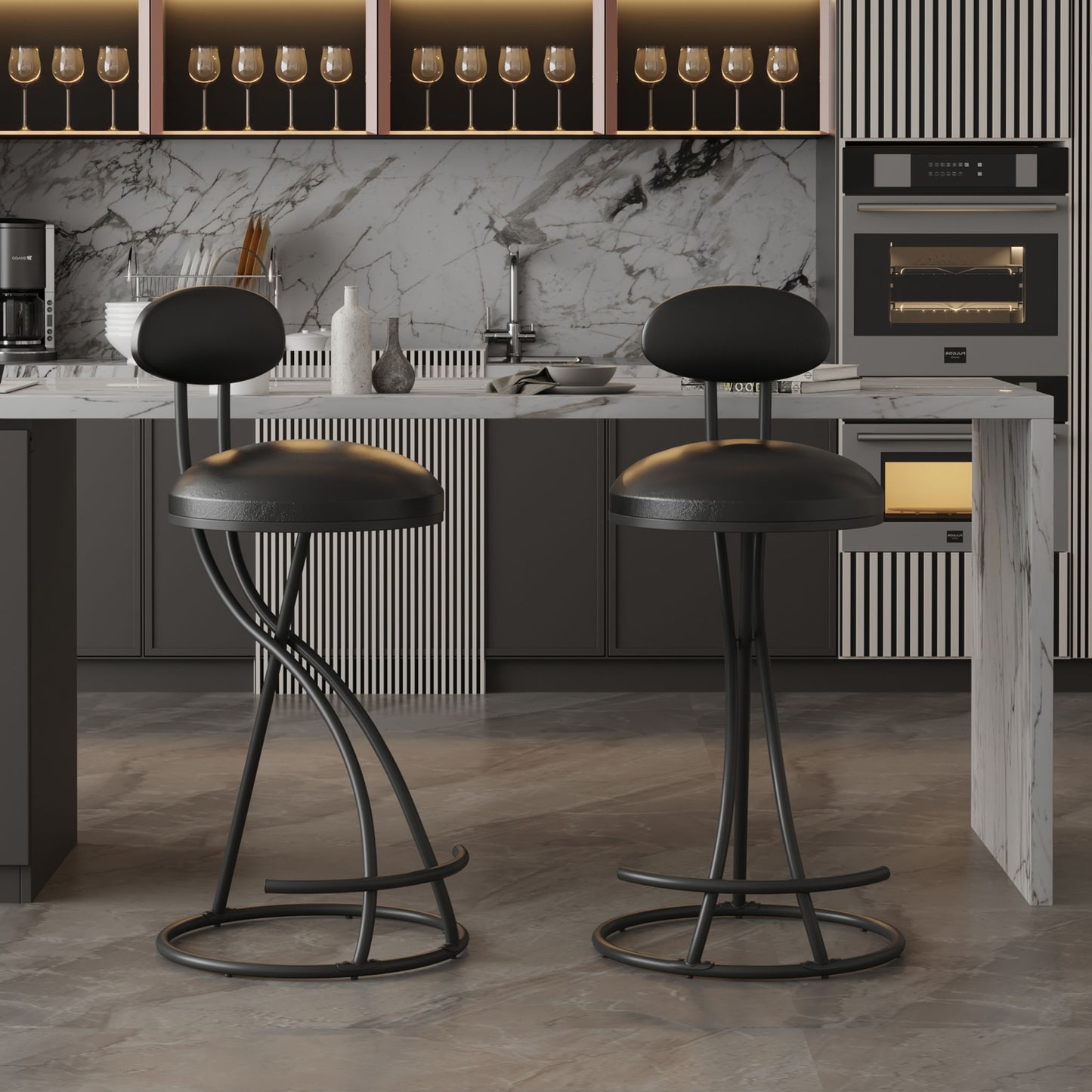 Two modern PU leather bar stools with footrests stand at a marble kitchen island. Behind them are shelves with wine glasses, a coffee maker, and built-in ovens set against a marble backsplash.