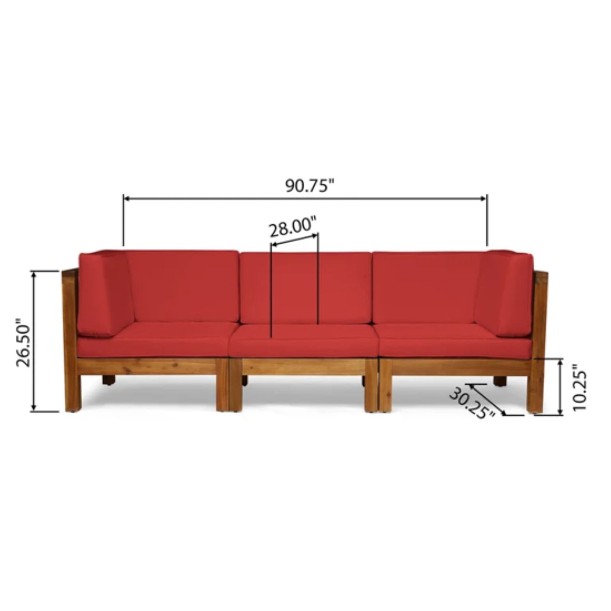The Oana 3 Piece Sofa Set features a wooden frame and red water-resistant cushions, measuring 90.75" wide, 28" deep, 26.5" high at the back, with a seat height of 10.25" and a depth of 30.25".