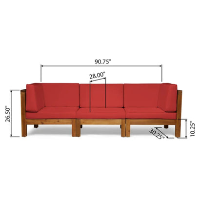 The Oana 3 Piece Sofa Set features a wooden frame and red water-resistant cushions, measuring 90.75" wide, 28" deep, 26.5" high at the back, with a seat height of 10.25" and a depth of 30.25".