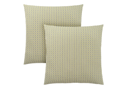 Two square decorative throw pillows with inserts, featuring a small checked pattern in beige and gray, overlap on a white background. Hypoallergenic design.