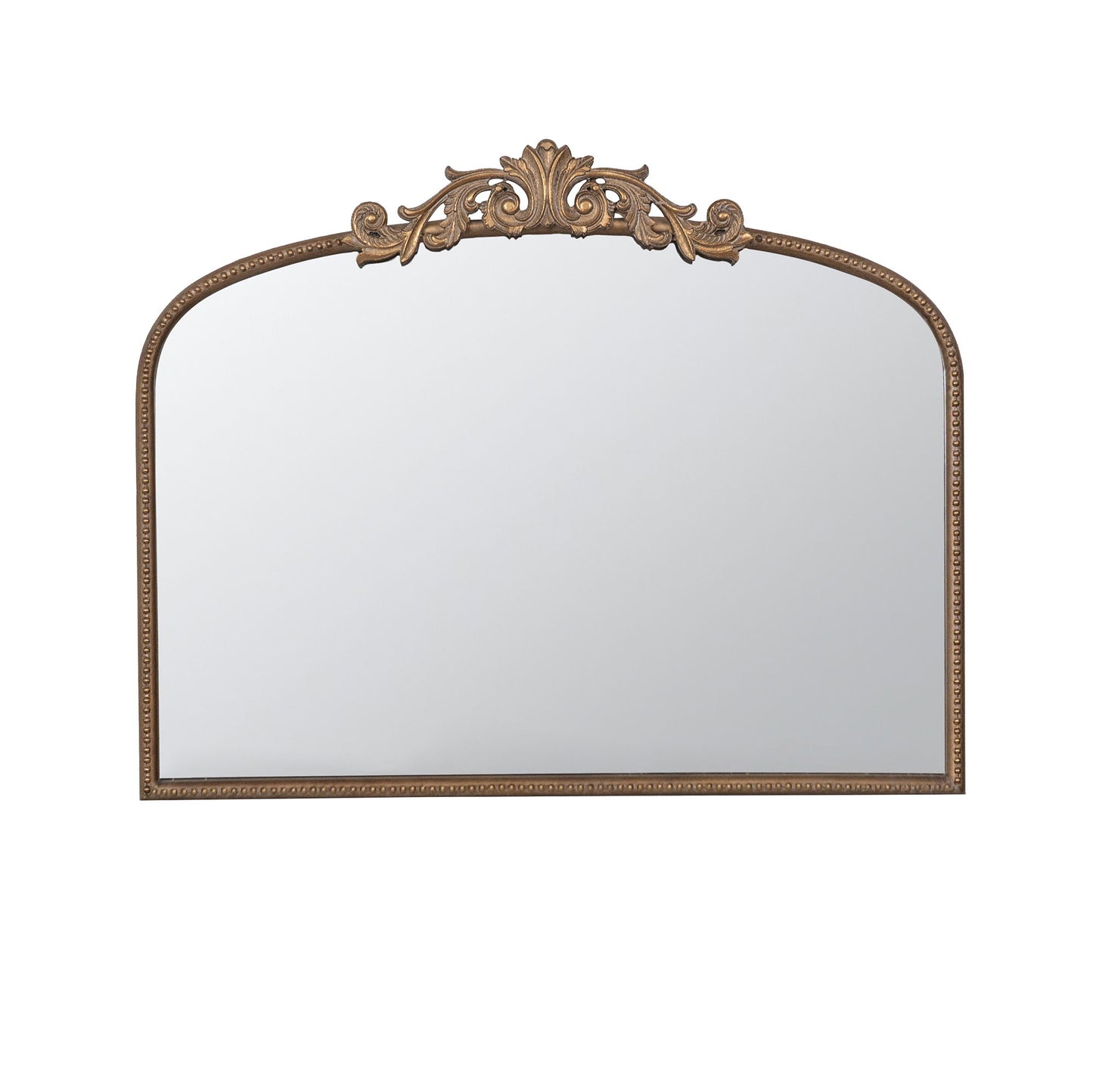Baroque-inspired Arch Mirror featuring a gold decorative frame with an intricate floral design at the top center, perfect for bathroom, bedroom, or living room décor. Set against a white background.