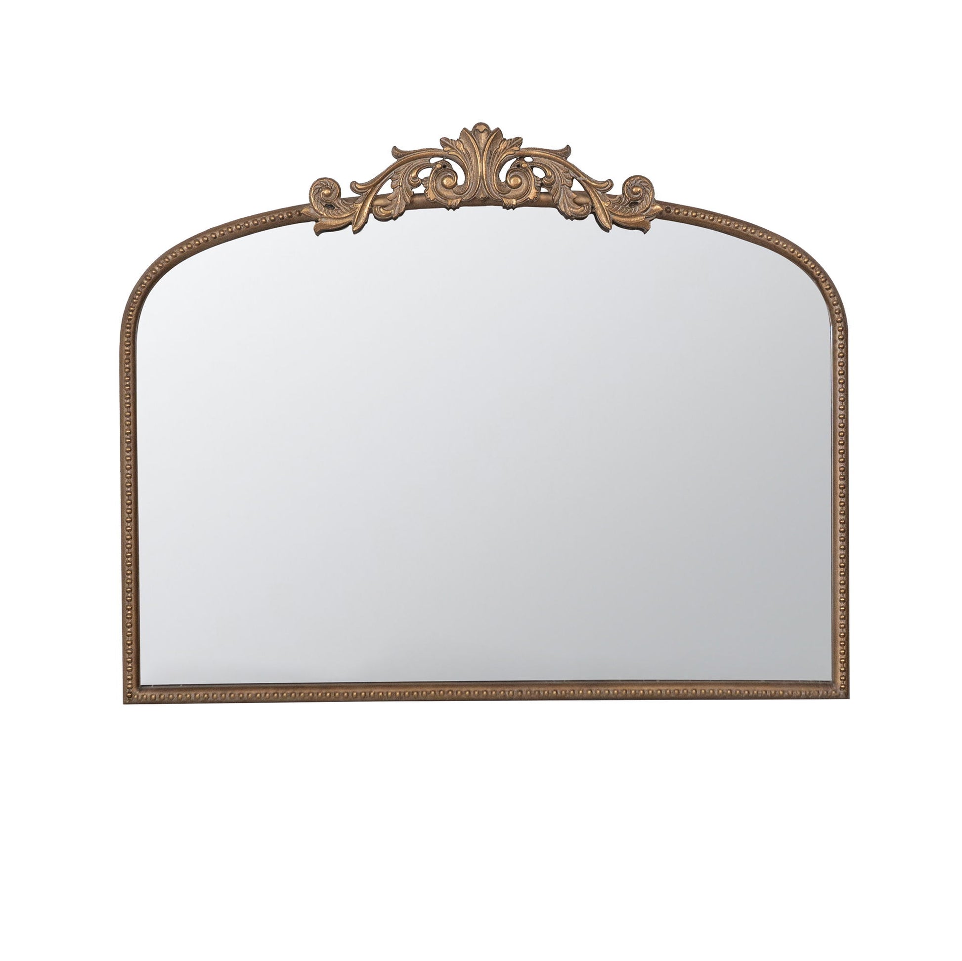 Baroque-inspired Arch Mirror featuring a gold decorative frame with an intricate floral design at the top center, perfect for bathroom, bedroom, or living room décor. Set against a white background.