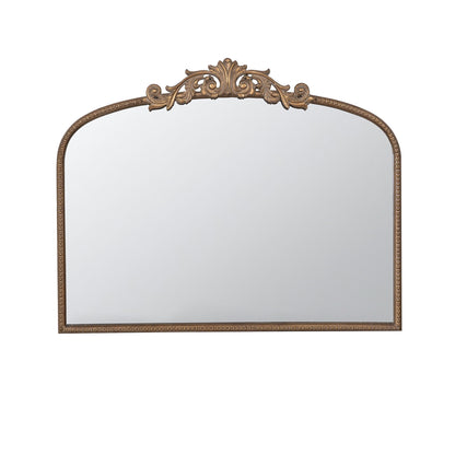 Baroque-inspired Arch Mirror featuring a gold decorative frame with an intricate floral design at the top center, perfect for bathroom, bedroom, or living room décor. Set against a white background.