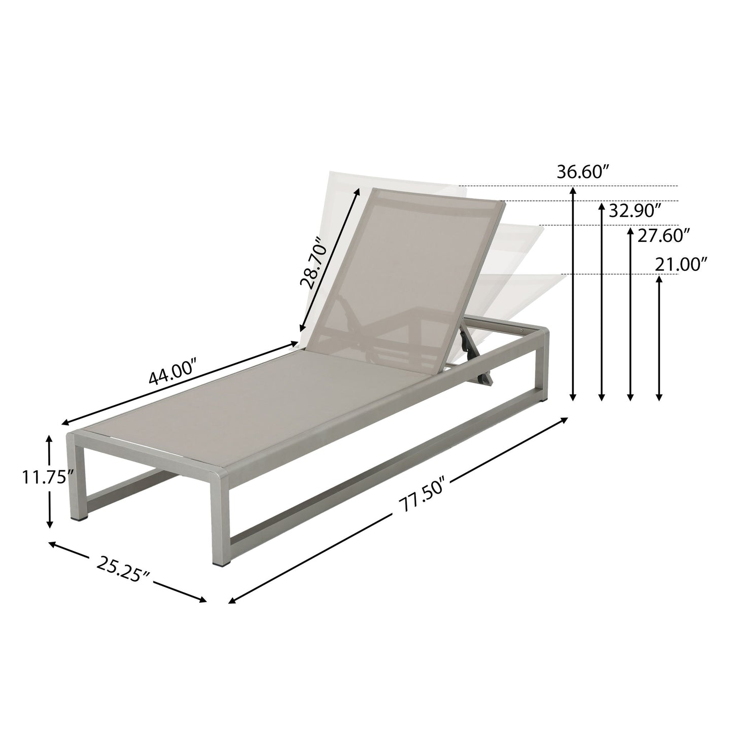 Outdoor Patio Chaise Lounge With 5 Reclining Positions, metal frame, adjustable backrest (heights: 21", 27.6", 32.9", 36.6"), measures 77.5"L x 25.25"W x 11.75"H with a seat length of 44".
