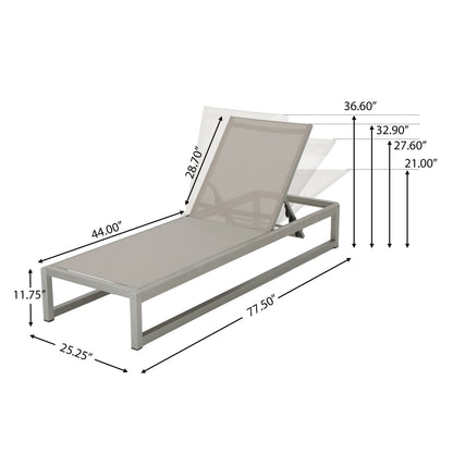 Outdoor Patio Chaise Lounge With 5 Reclining Positions, metal frame, adjustable backrest (heights: 21", 27.6", 32.9", 36.6"), measures 77.5"L x 25.25"W x 11.75"H with a seat length of 44".