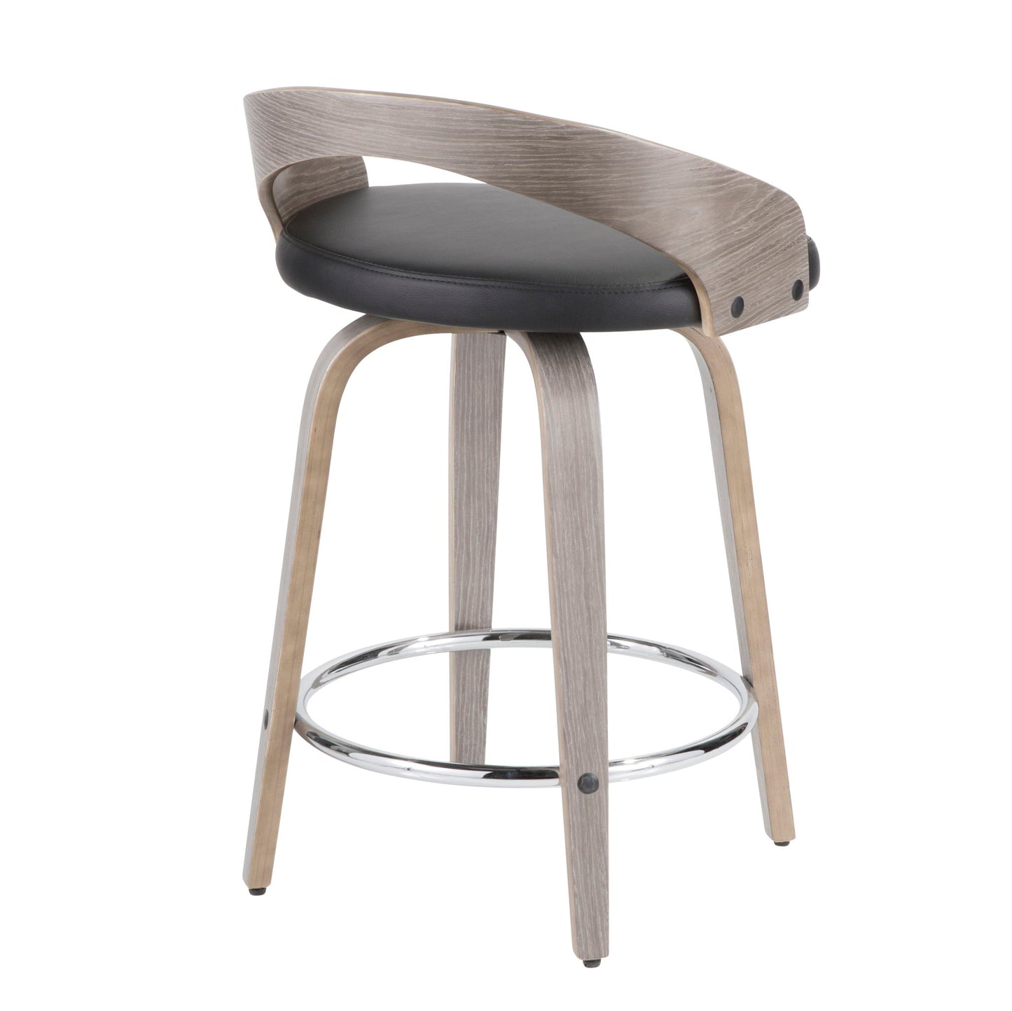 The Grotto Counter Stool set features a contemporary design with a curved wooden backrest, black cushioned seat, light wooden legs, and a round chrome footrest. Includes two fixed-height stools with swivel function.