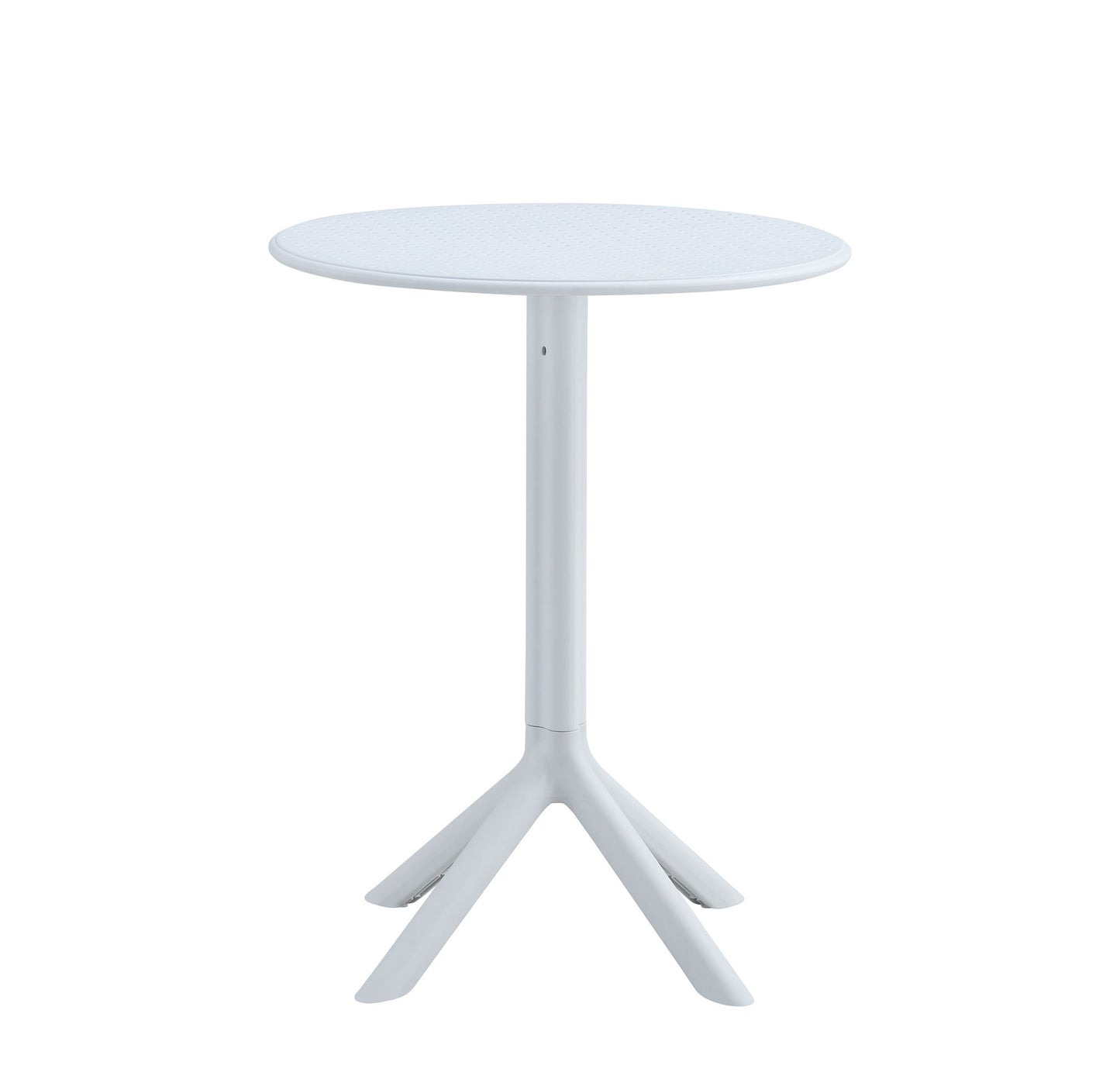 The 3 Piece Plastic Arm Chair Bistro Grs Premium Ocean Plastic set features a small, round white table with a central leg splitting into four angled feet, showcased against a plain white background.