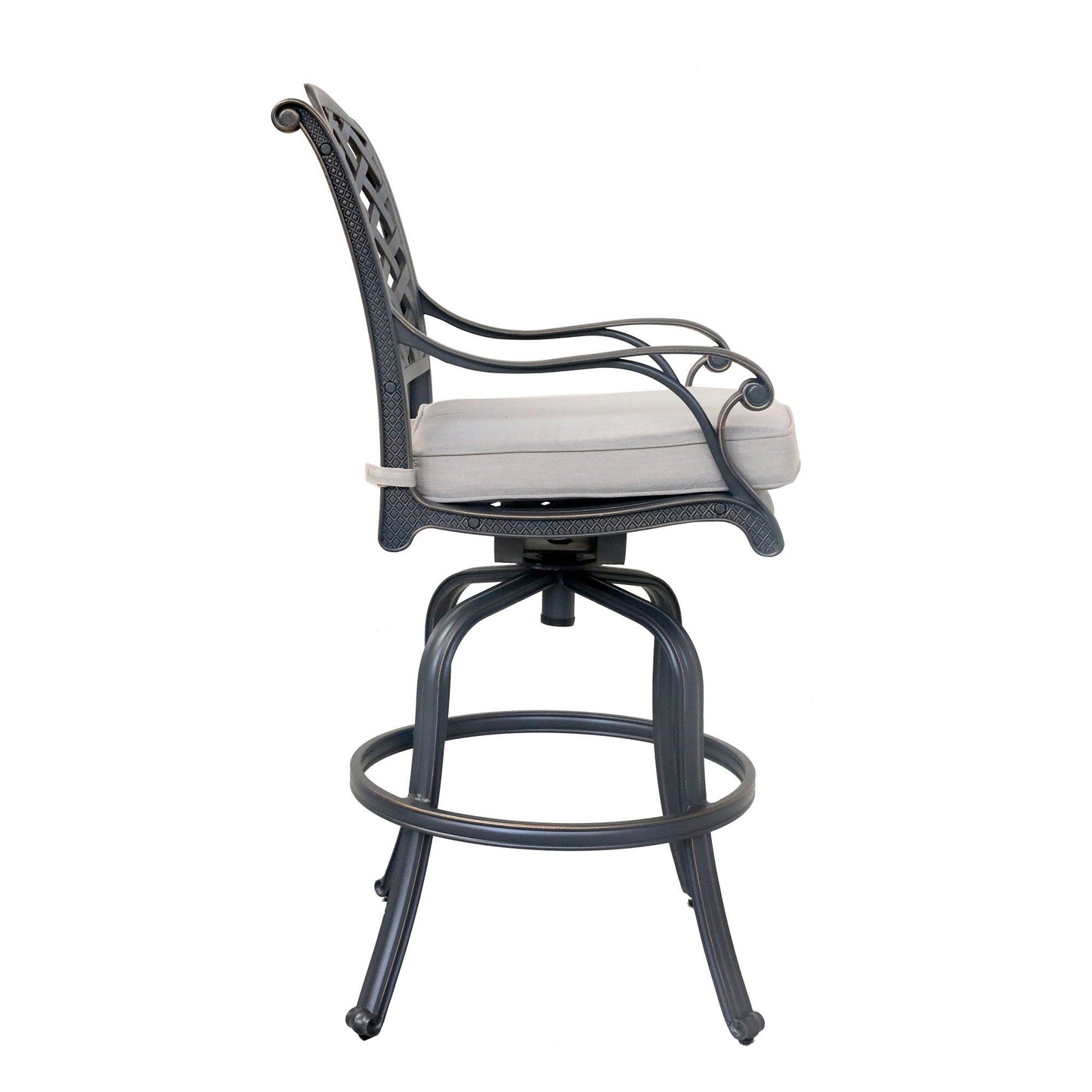 A set of 2 black metal swivel bar stools with curved armrests, lattice-patterned backrests, and light gray seat cushions, shown from the side against a white background.