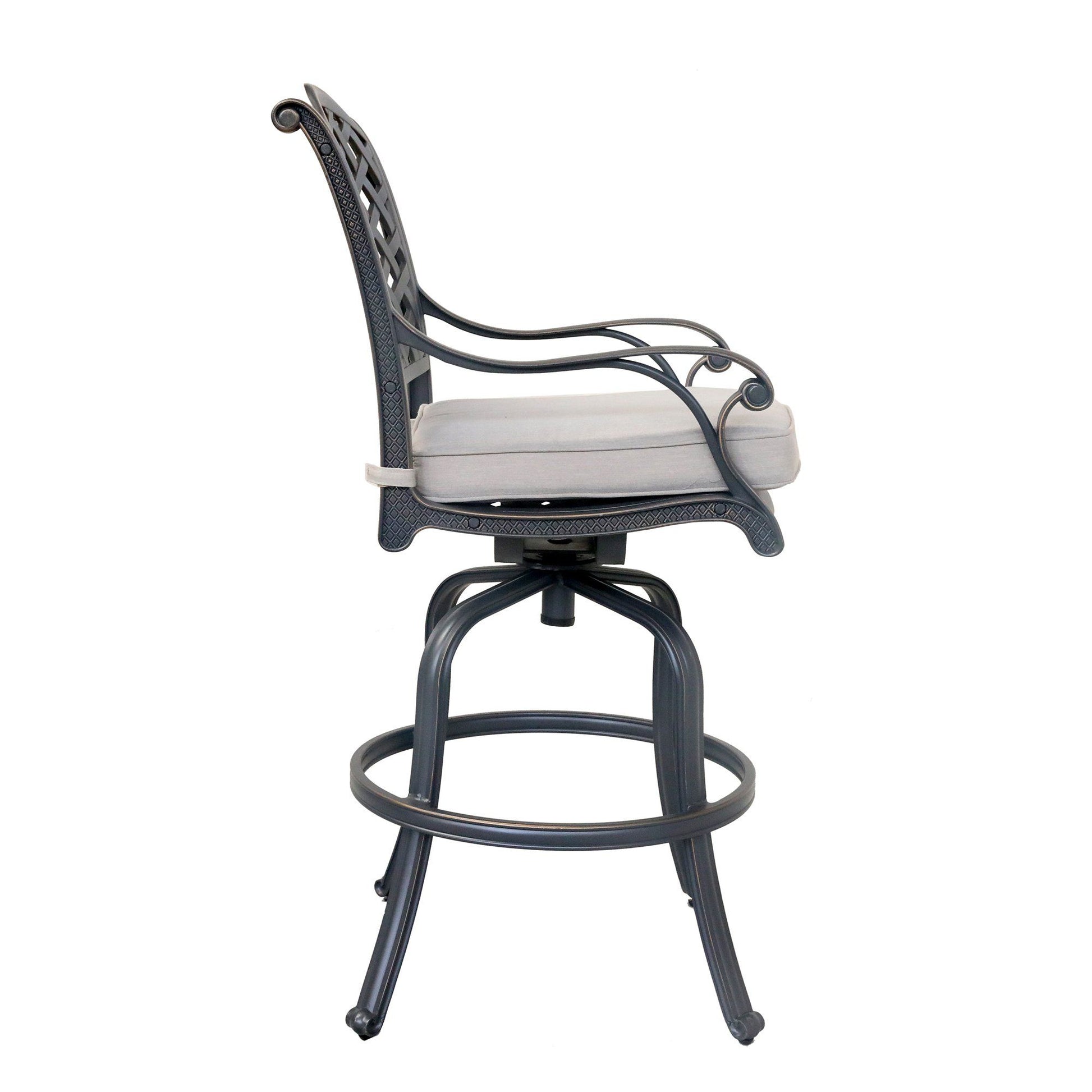 A set of 2 black metal swivel bar stools with curved armrests, lattice-patterned backrests, and light gray seat cushions, shown from the side against a white background.