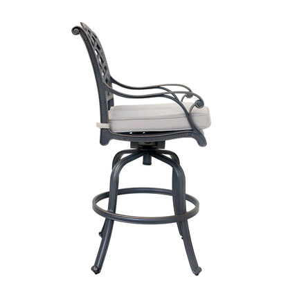 A set of 2 black metal swivel bar stools with curved armrests, lattice-patterned backrests, and light gray seat cushions, shown from the side against a white background.