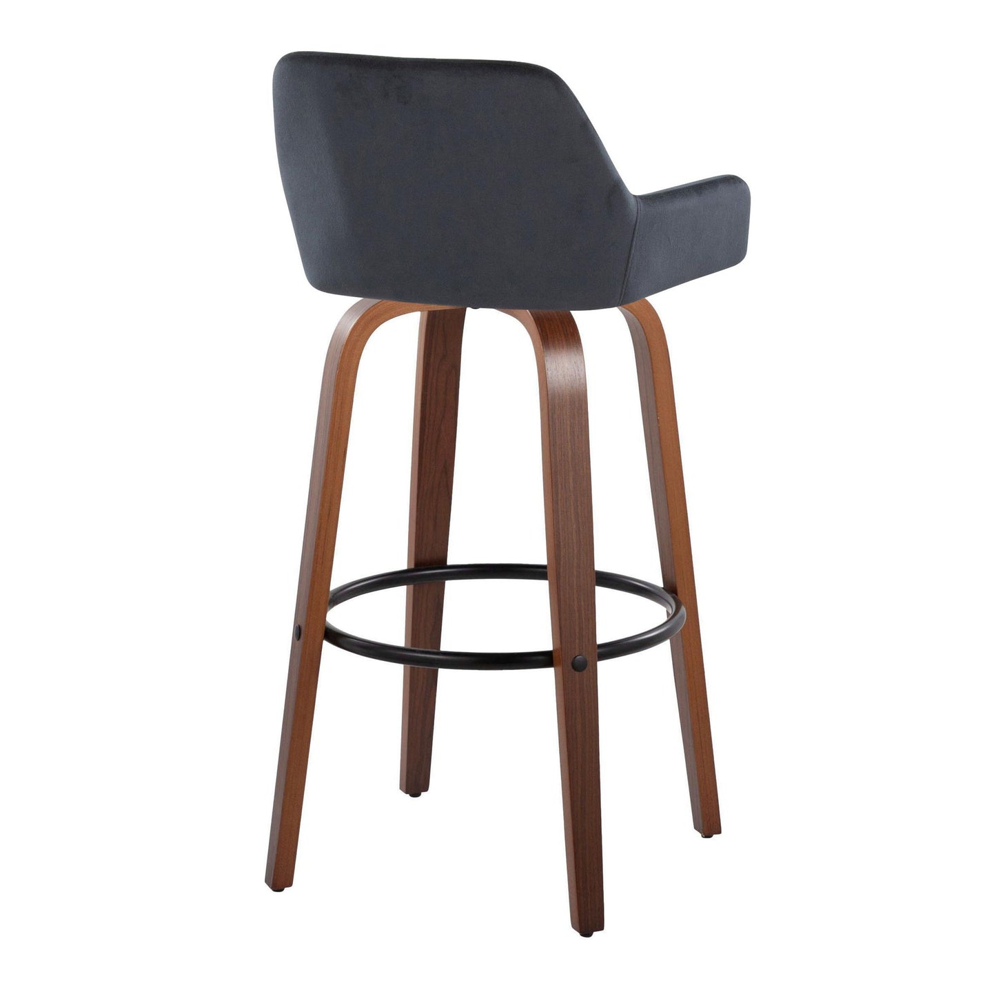 The Daniella Contemporary Barstool set features curved black seats, wooden legs, and circular black metal footrests, shown from the rear against a white background. Set of 2, fixed height and swivel design.