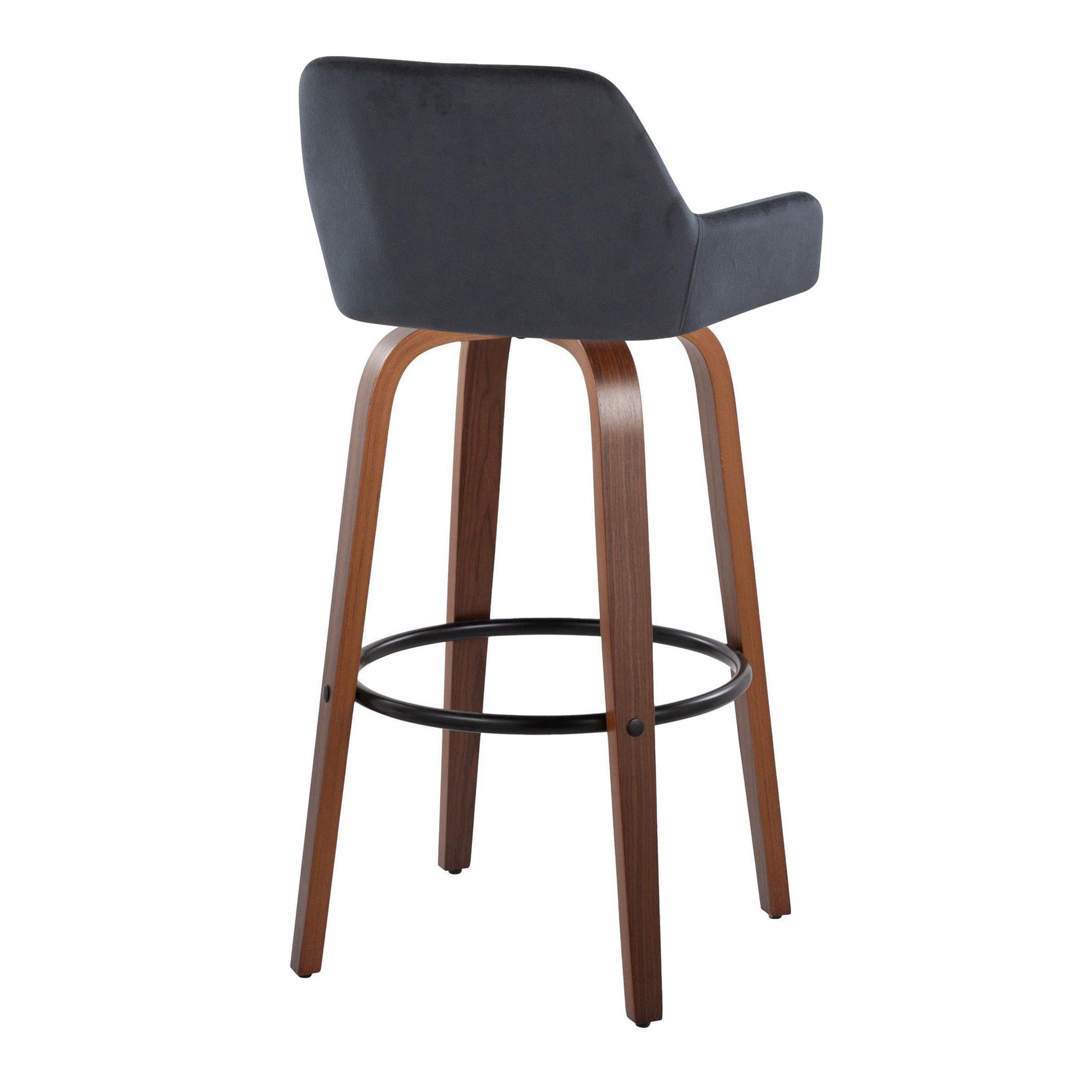 The Daniella Contemporary Barstool set features curved black seats, wooden legs, and circular black metal footrests, shown from the rear against a white background. Set of 2, fixed height and swivel design.