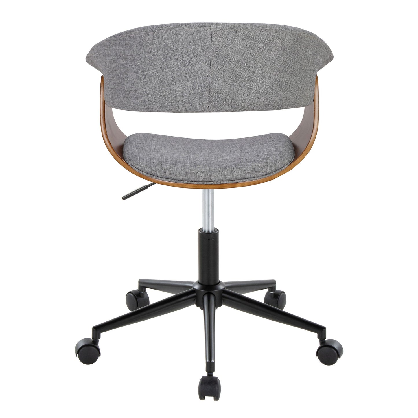 The Vintage Mod - Mid Century Modern Office Chair features a curved wooden back, a gray upholstered seat and backrest, and a black metal five-wheel base, shown from the rear view.
