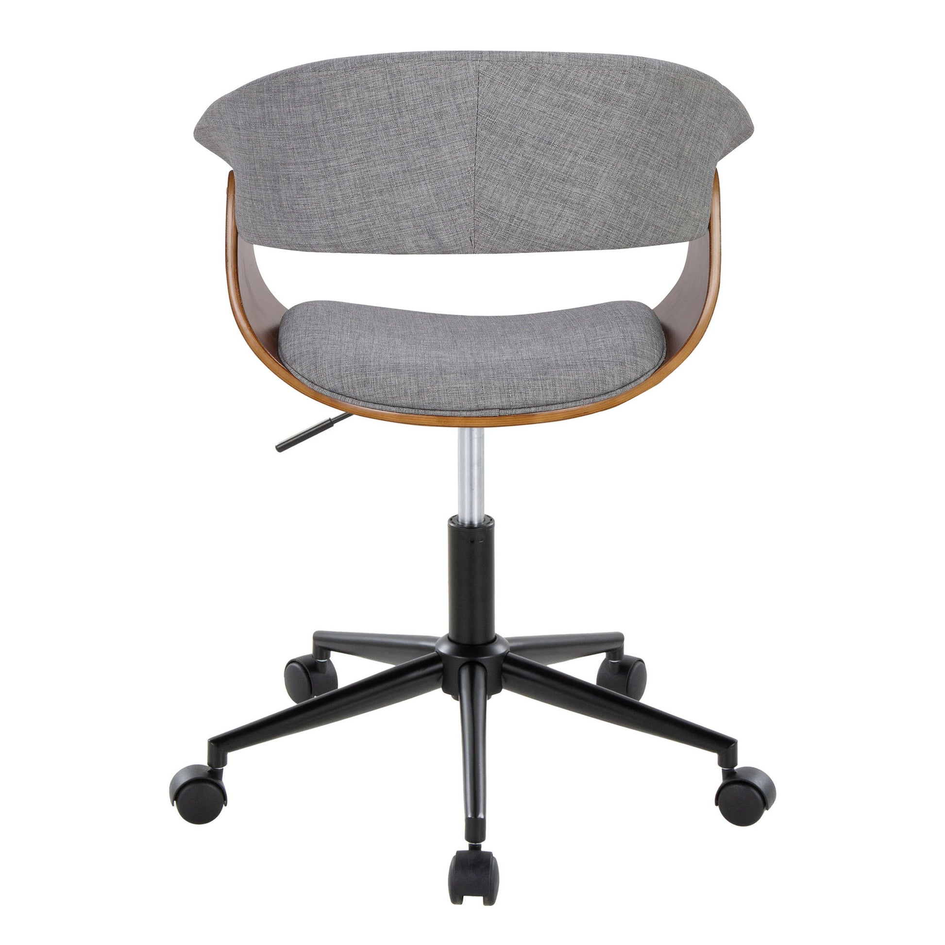 The Vintage Mod - Mid Century Modern Office Chair features a curved wooden back, a gray upholstered seat and backrest, and a black metal five-wheel base, shown from the rear view.