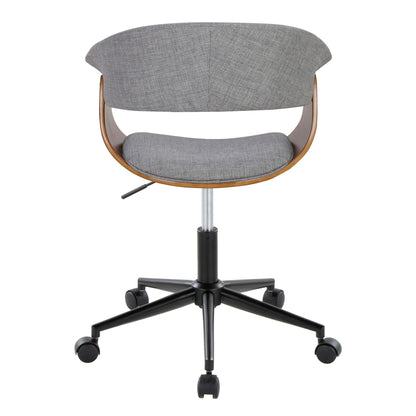 The Vintage Mod - Mid Century Modern Office Chair features a curved wooden back, a gray upholstered seat and backrest, and a black metal five-wheel base, shown from the rear view.