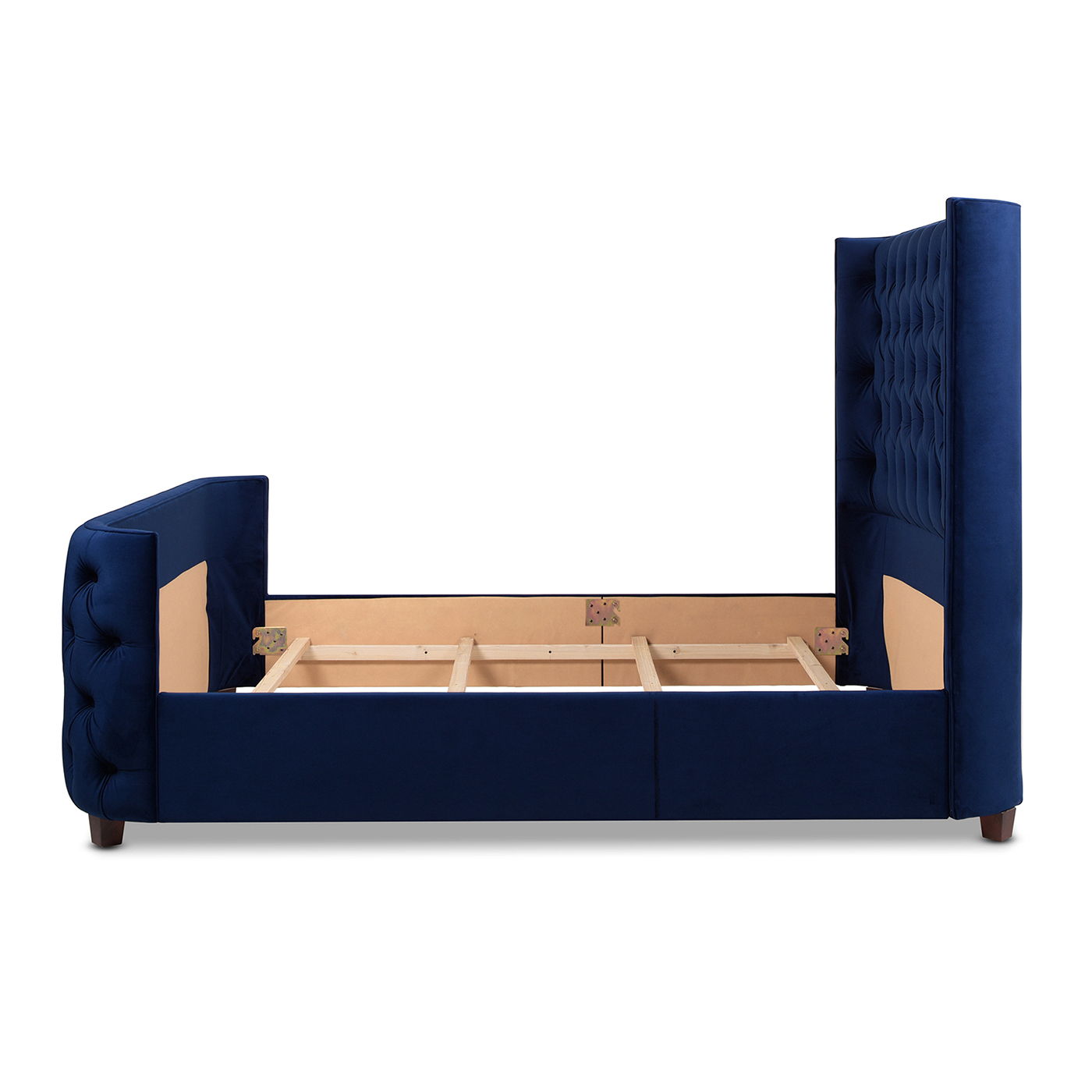 The Brooklyn Tufted Panel Bed features a blue upholstered frame with a high, tufted headboard and footboard, wooden slats, and side rails. Shown without a mattress.