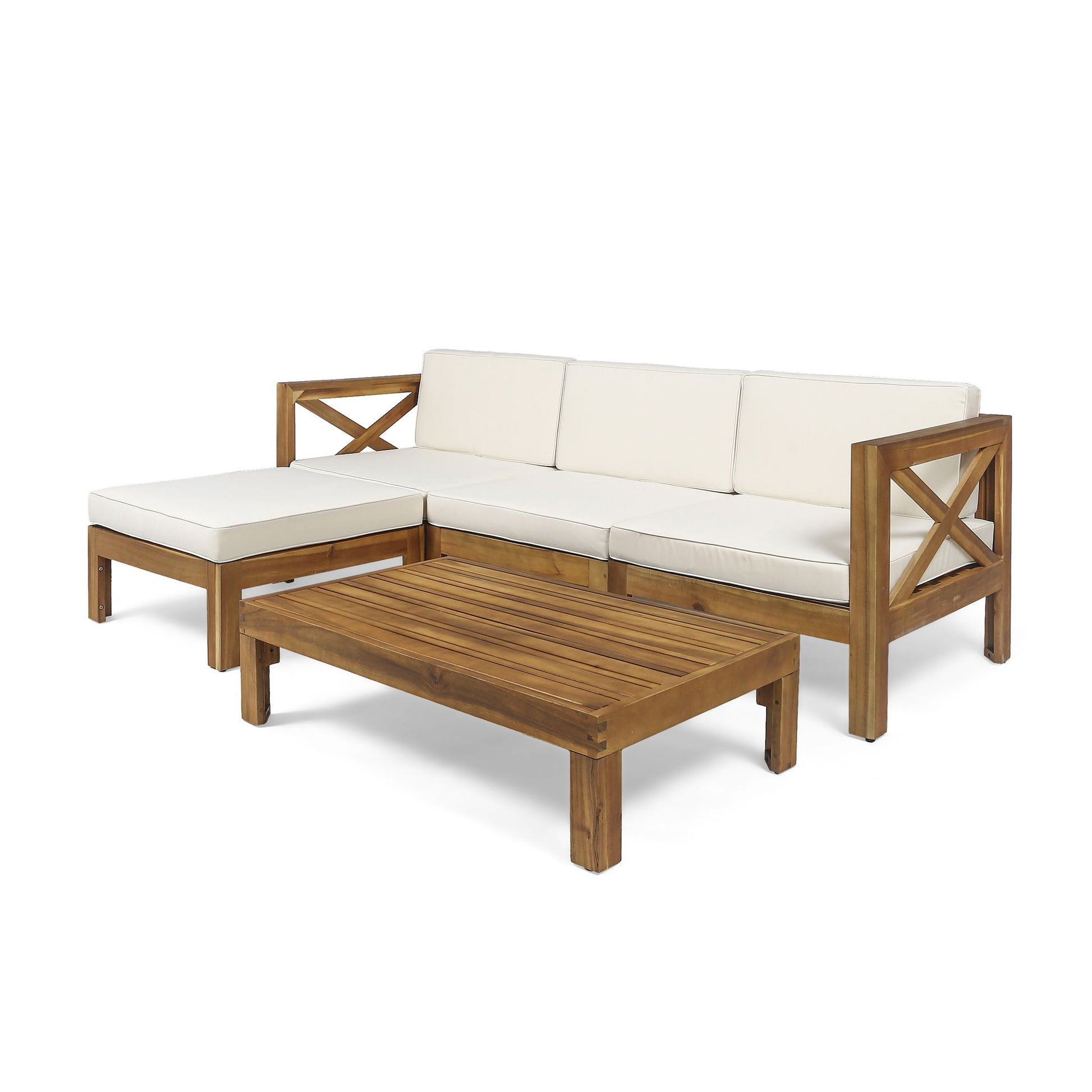 The Alcove L Shape Sofa Set includes a wooden three-seat sofa with left chaise, cream cushions, and a matching rectangular slatted coffee table.