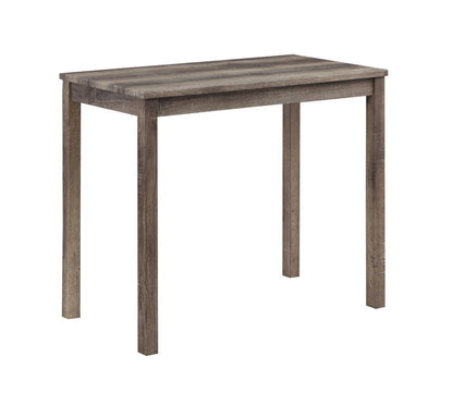 The Lux 3 Piece Counter Height Pub Table set features a rectangular wooden table with four straight legs and a natural wood grain finish, paired with two tufted linen stools, all shown against a white background.