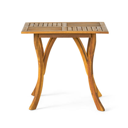 The Outdoor Rectangular Table features a top with perpendicular wooden slats and four curved legs, displayed against a white background.