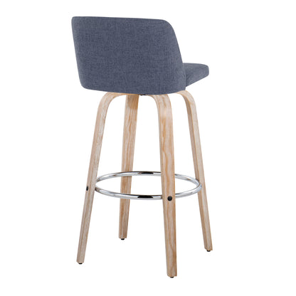 The Toriano Contemporary Fixed Height Barstool Set of 2 features swivel seats, a curved upholstered gray backrest, light wooden legs, and a round chrome footrest. Shown from the rear against a white background.