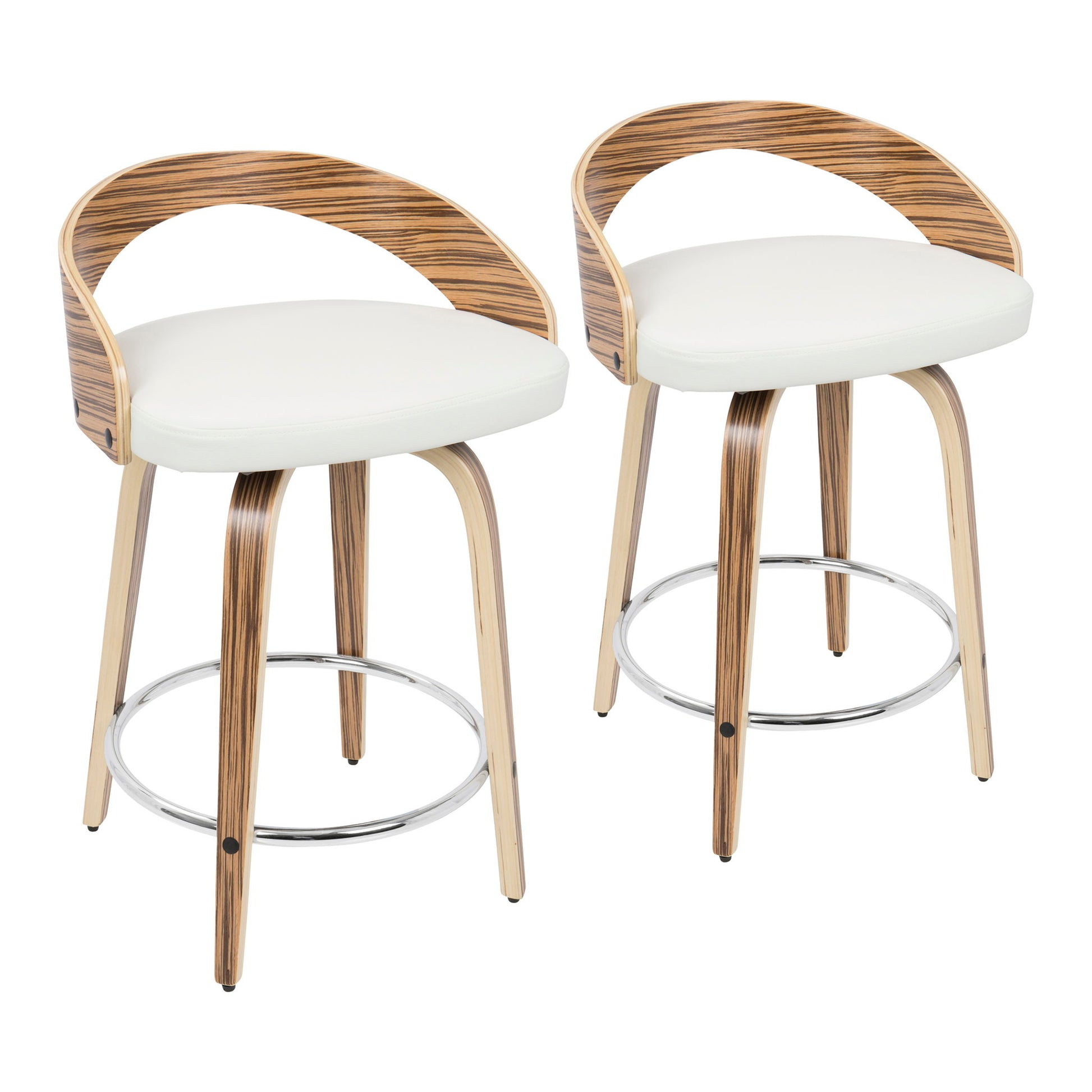 Set of 2 Grotto contemporary counter stools with curved wooden backs featuring a striped grain, white cushioned seats, round chrome footrests, and light wood legs. Fixed height with swivel function. Shown against a plain white background.