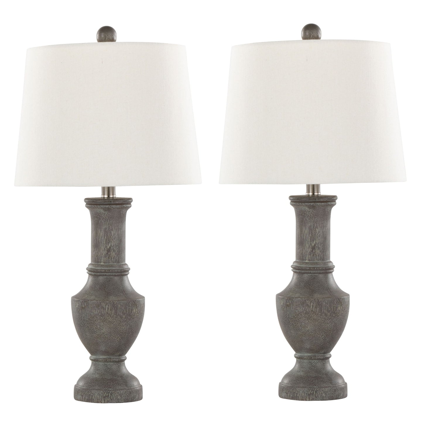 The Chateau Contemporary Table Lamp set features two lamps with acid griffin and nickel textured bases and white cylindrical fabric shades, shown side by side against a white background.