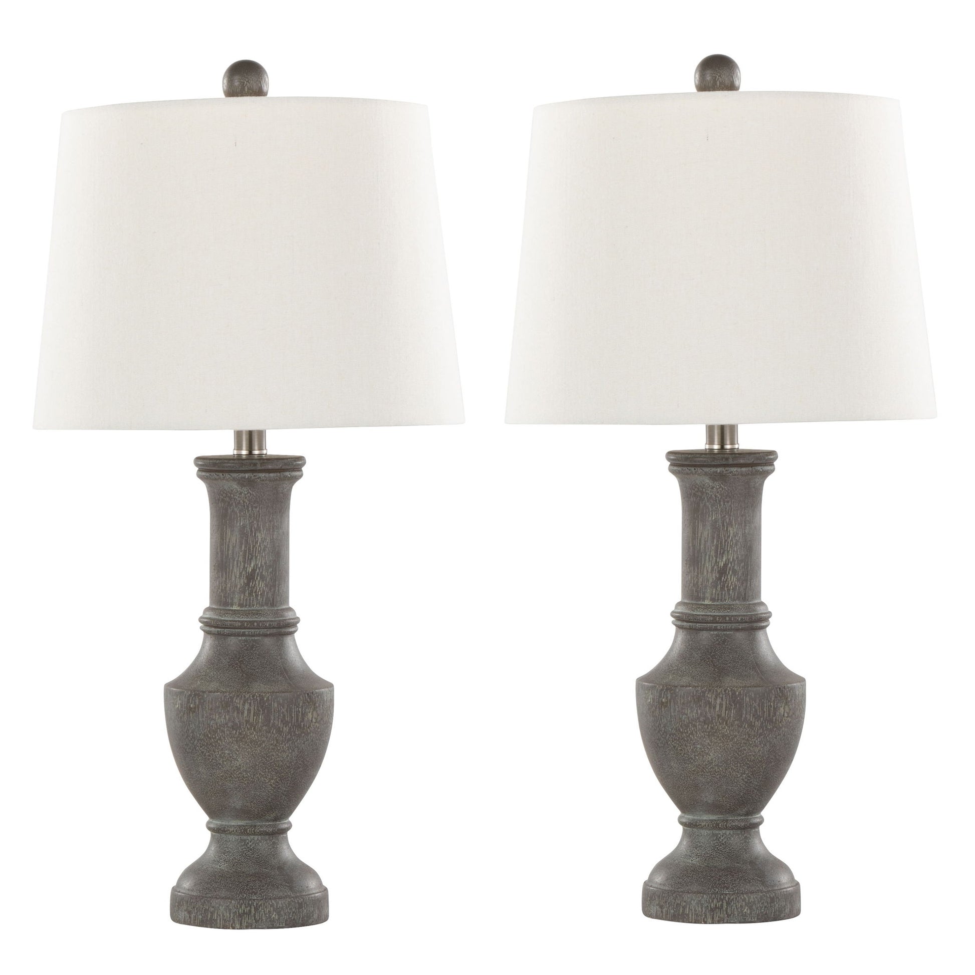 The Chateau Contemporary Table Lamp set features two lamps with acid griffin and nickel textured bases and white cylindrical fabric shades, shown side by side against a white background.