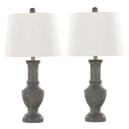 The Chateau Contemporary Table Lamp set features two lamps with acid griffin and nickel textured bases and white cylindrical fabric shades, shown side by side against a white background.