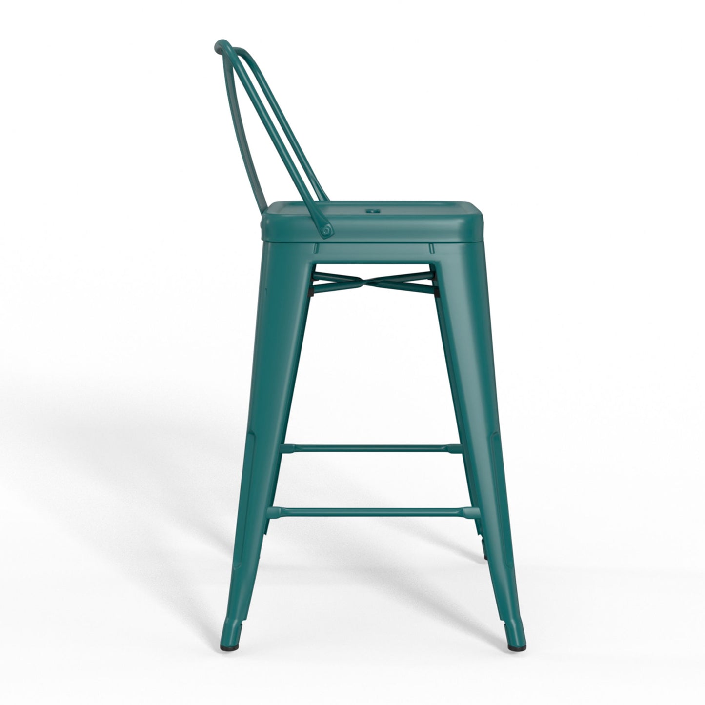 The Rayne Multifunctional Metal Stool is shown in side profile on a white background, featuring a teal square seat, low backrest, and four straight legs connected by crossbars.