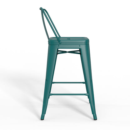 The Rayne Multifunctional Metal Stool is shown in side profile on a white background, featuring a teal square seat, low backrest, and four straight legs connected by crossbars.
