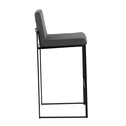 Side view of the Fuji Contemporary High Back Barstool, featuring an elegant dark gray cushioned seat and backrest, supported by a sleek black metal frame, shown on a white background.