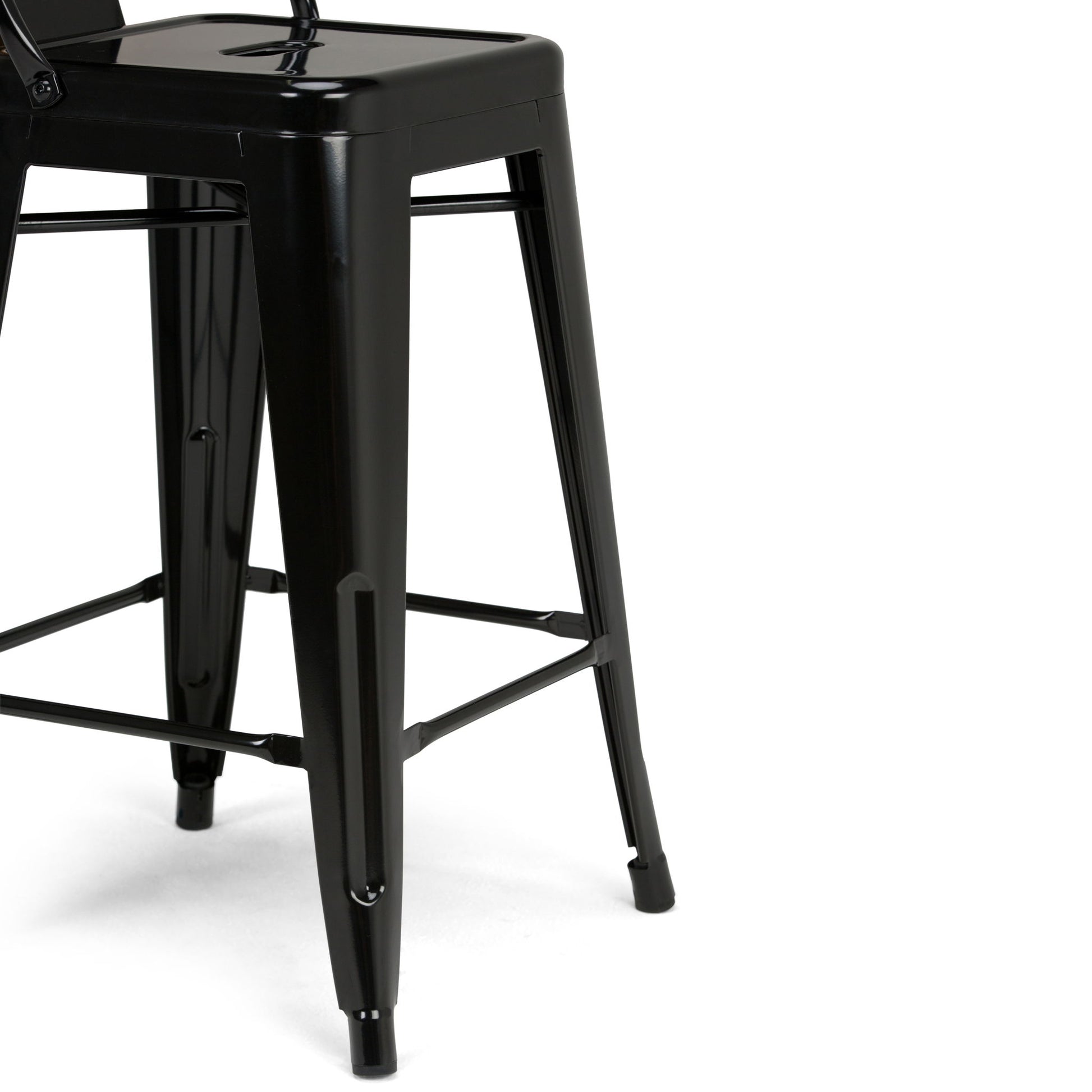 Close-up of two Rayne - Multifunctional Metal Stools in black, featuring square seats, straight legs, and horizontal support bars for enhanced stability.