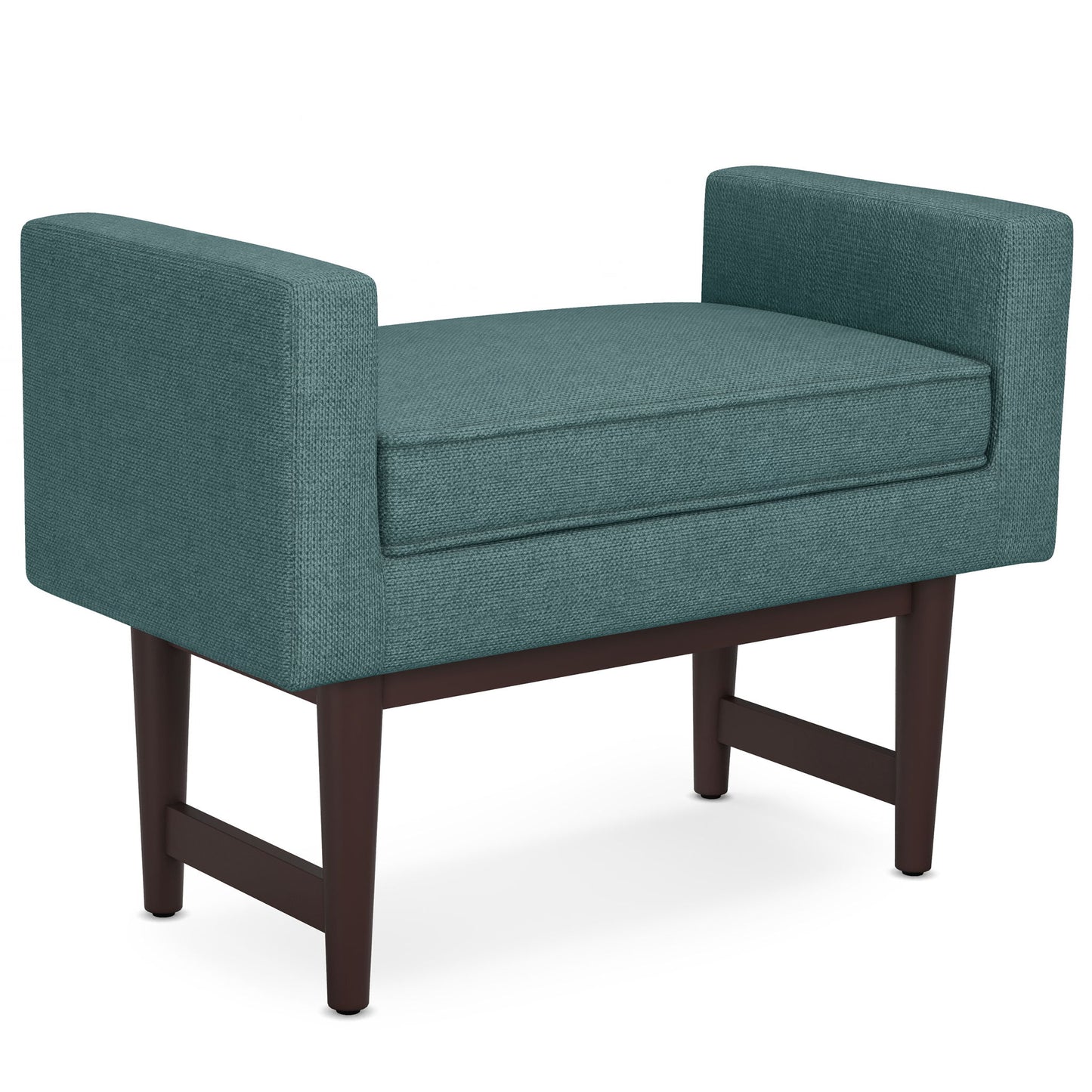 The Scott - Upholstered Ottoman Bench features a modern rectangular design with a teal upholstered seat, armrests, and dark wooden legs.