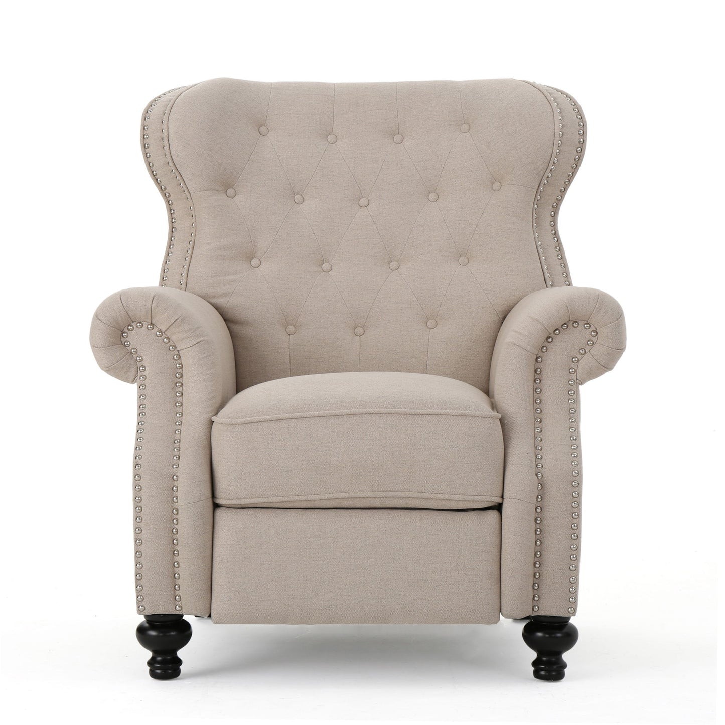 The Contemporary Style Push Back Recliner features button tufted stitching, nailhead trim, and dark wooden legs, shown from the front against a white background.