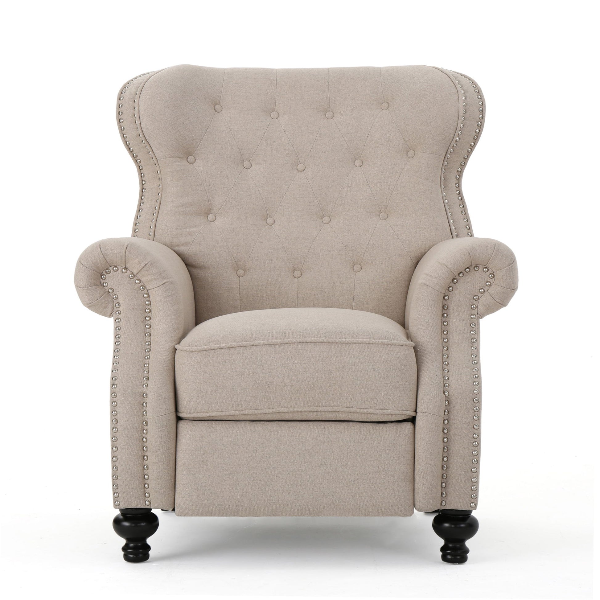 The Contemporary Style Push Back Recliner features button tufted stitching, nailhead trim, and dark wooden legs, shown from the front against a white background.