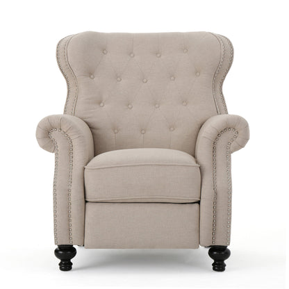 The Contemporary Style Push Back Recliner features button tufted stitching, nailhead trim, and dark wooden legs, shown from the front against a white background.