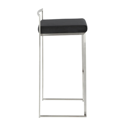 Side view of the Fuji Stackable Barstool, featuring a contemporary design with a thin metal frame, low backrest, and black cushioned seat.