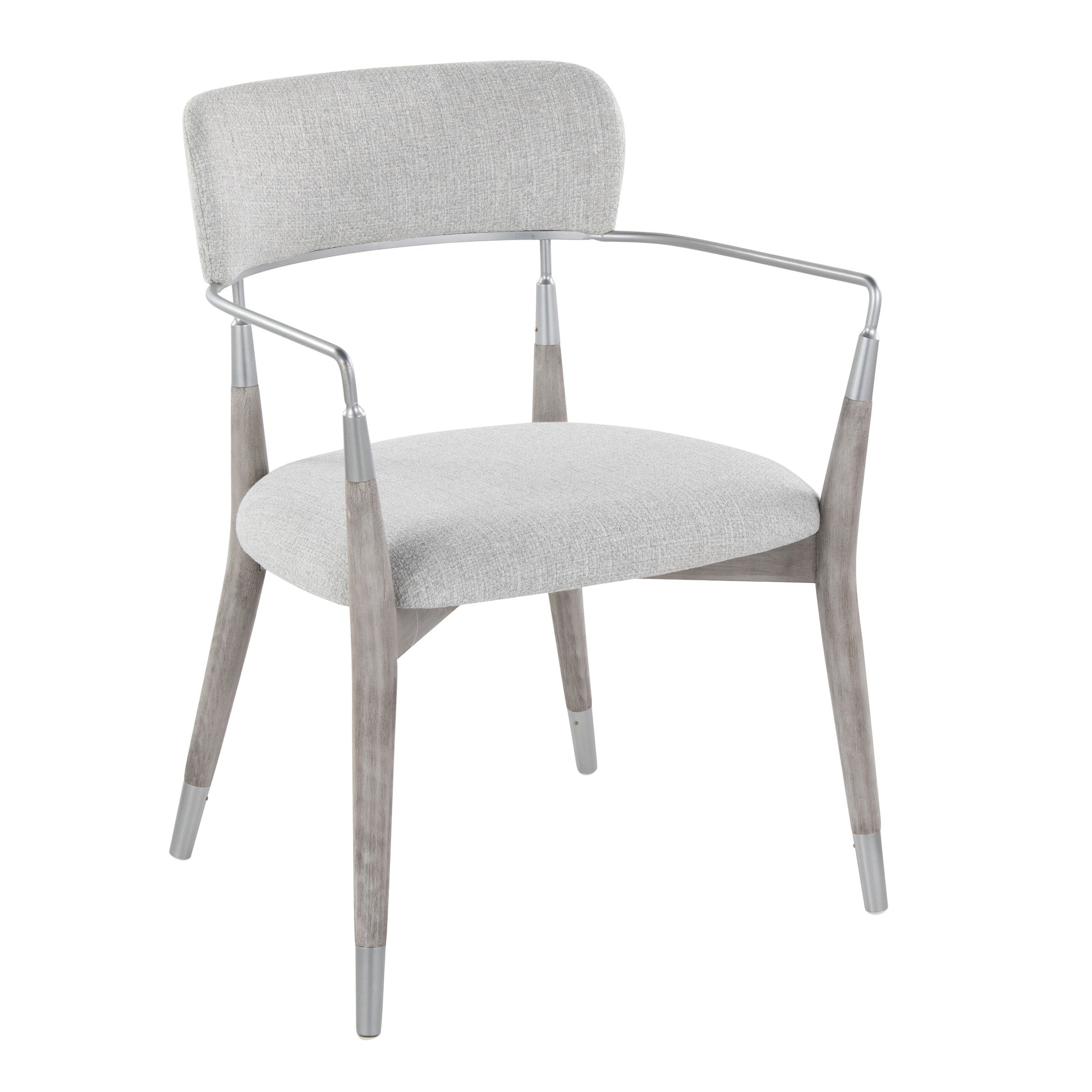 The Savannah - Contemporary Chair (Set of 2) features a sleek, minimalist design with a light gray upholstered seat and backrest, slim metal armrests, and four angled wooden legs accented with metal tips.