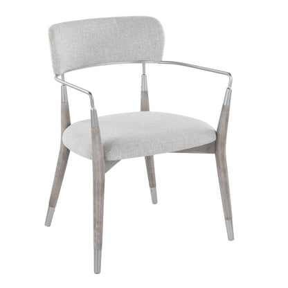 The Savannah - Contemporary Chair (Set of 2) features a sleek, minimalist design with a light gray upholstered seat and backrest, slim metal armrests, and four angled wooden legs accented with metal tips.