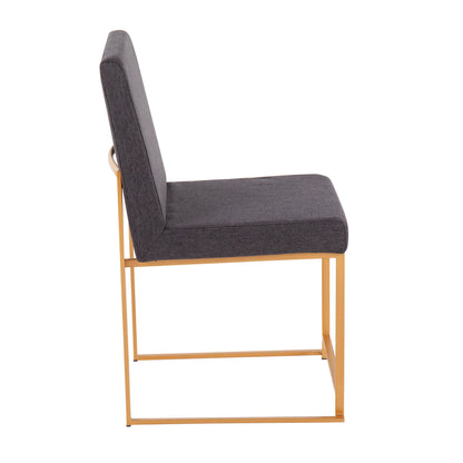 Side view of the Fuji dining chair set featuring a contemporary gold metal frame with straight lines and a high back, complemented by dark gray upholstered seats and backrests.