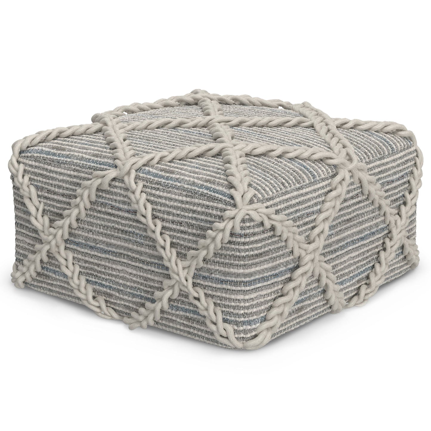 The Cowan Handcrafted Square Pouf is a rectangular ottoman in gray and white stripes, featuring thick rope accents in a diamond pattern along the top and sides.