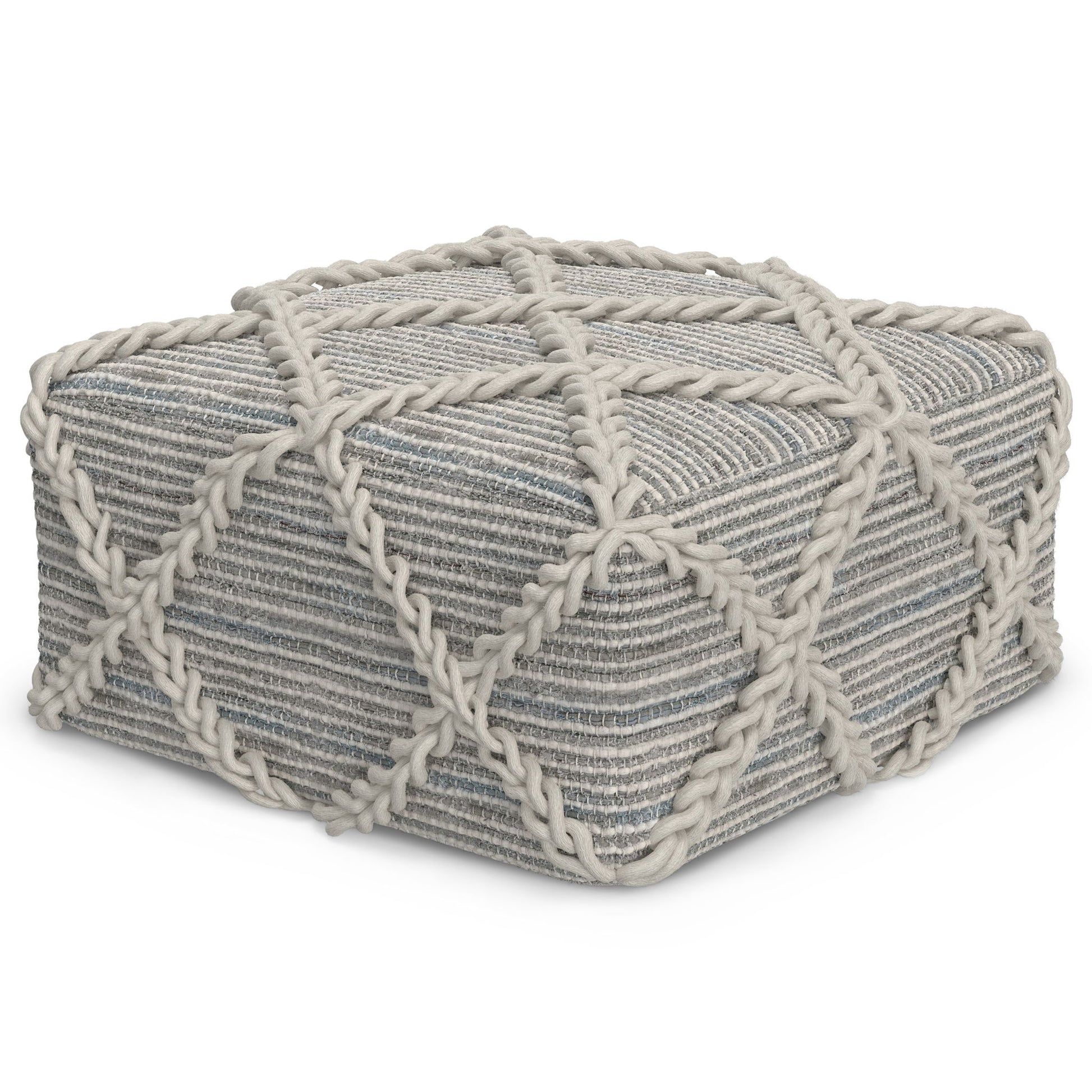 The Cowan Handcrafted Square Pouf is a rectangular ottoman in gray and white stripes, featuring thick rope accents in a diamond pattern along the top and sides.