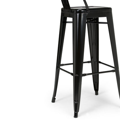 A close-up of the Rayne - Multifunctional Metal Stool, featuring black metal construction, straight legs, footrests, and a compact backrest, displayed against a white background.