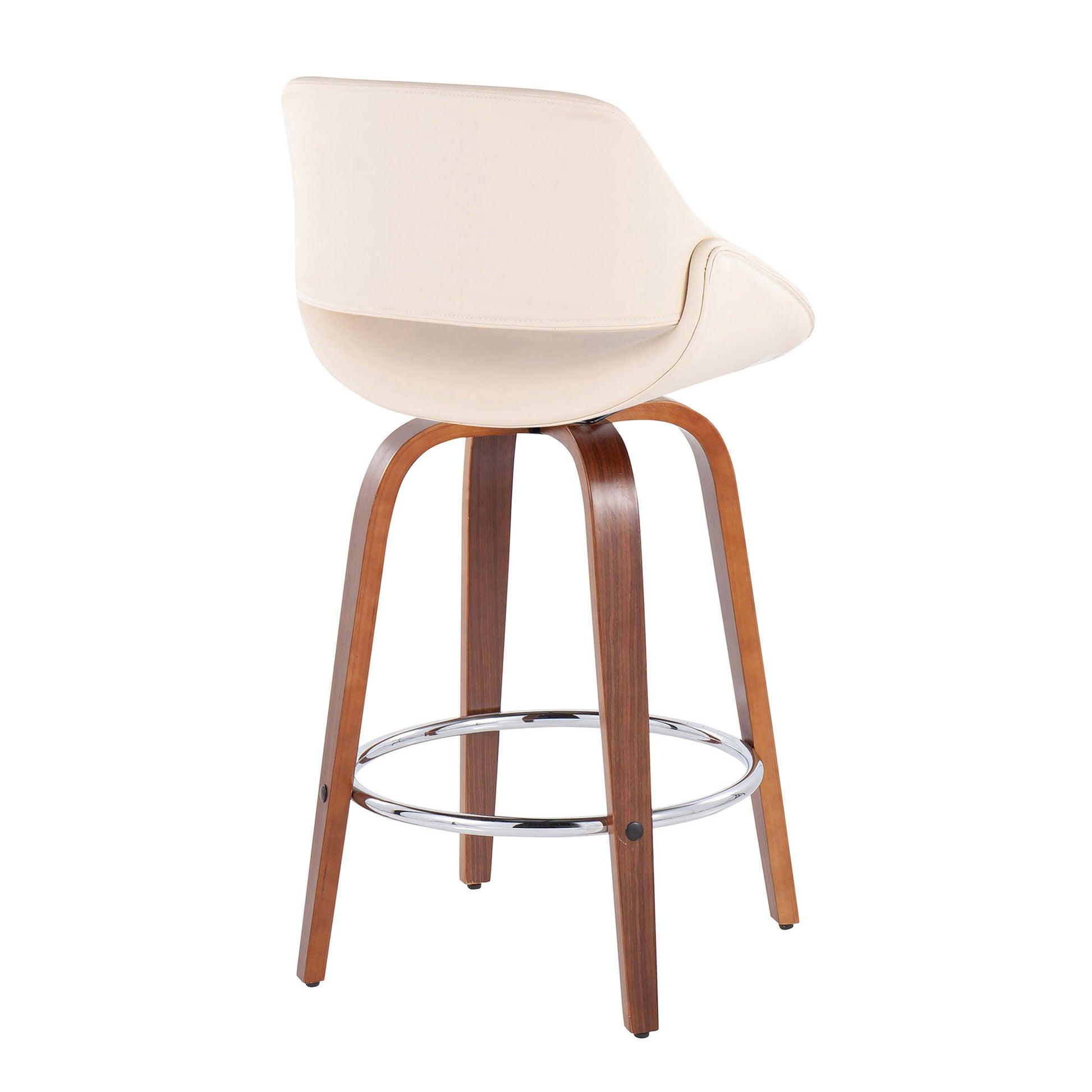 The Fabrico Mid Century Modern Counter Stool (Set of 2) features a curved cream seat, wooden legs, and a round chrome footrest, shown from the back.